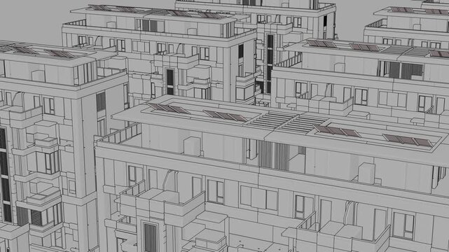 Animation of a Generic Apartment Building with solar panels on top, Seamless Looped Animation, 3D Linework rendering