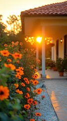 Obraz premium Beautiful orange flowers bloom under warm sunset at a charming garden pathway