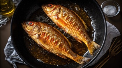 Two whole golden fried fish sizzling in hot oil in a cast iron pan, ready to be served as a delicious meal
