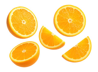 Fresh orange halves and slices arranged creatively on transparent background.