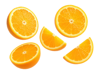 Fresh orange halves and slices arranged creatively on transparent background.