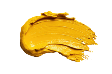 Close-up of a vibrant yellow paint stroke.  A thick, textured application of paint, roughly smudged and spread, creates an organic shape against a black background