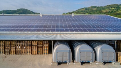 Solar Panels on a Warehouse Roof with Storage Containers