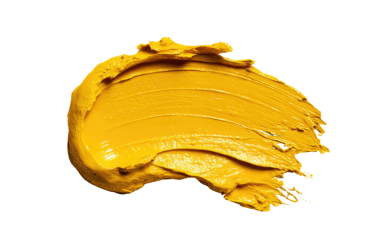 Close-up of a vibrant yellow paint stroke.  A thick, textured application of paint, roughly smudged and spread, creates an organic shape against a black background
