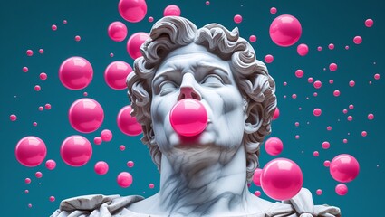 Bust of Classical Sculpture Blowing a Pink Bubblegum with Pink Orbs Floating Around