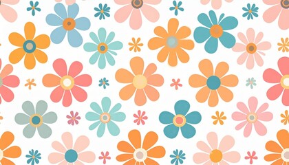 Groovy 70s Flower Power Seamless Pattern with Stylized Daisies in Muted Hues.