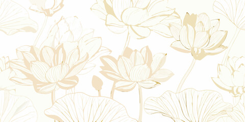 Elegant gold line art lotus flowers on white background