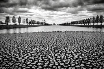 A cracked earth landscape meets a serene waterway