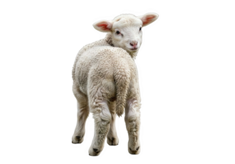 A cute fluffy white lamb looking back over its shoulder, isolated on transparent background