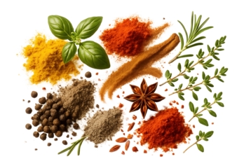 A vibrant assortment of fresh herbs and colorful spices including basil, rosemary, star anise, and ground powders arranged artfully on transparent background.