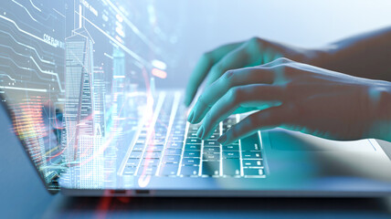 A digital composite image of hands typing on a laptop keyboard overlaid on a holographic cityscape background.