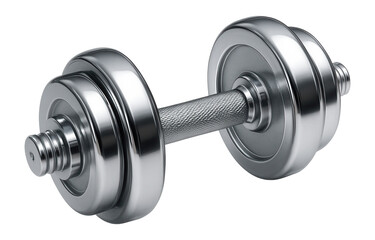 Shiny chrome dumbbell with textured grip showcasing fitness equipment on transparent background.