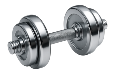 Shiny chrome dumbbell with textured grip showcasing fitness equipment on transparent background.