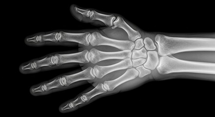 Naklejka premium X-ray image of a human hand displaying detailed bone structure and joint articulation