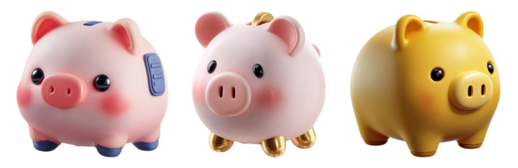 Colorful Piggy Banks Set Isolated on Transparent Background for Savings