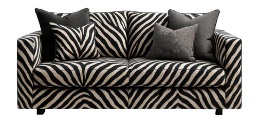 Stylish sofa with zebra print upholstery and multiple decorative pillows on transparent background.