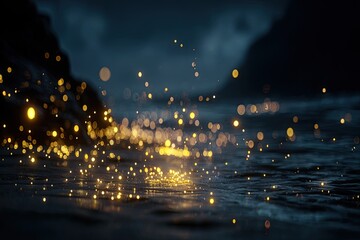 Golden sparks dance on dark water at night