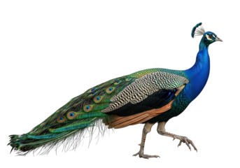 A majestic male peacock with vibrant blue and green plumage walking gracefully, isolated on transparent background