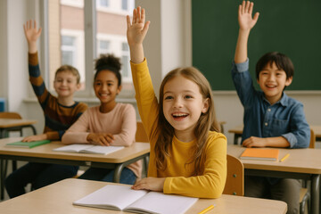 Elementary school students raising hands in classroom: eager to answer teacher's question