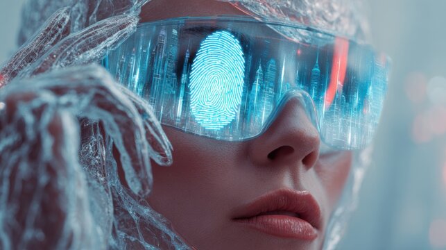A female scientist wears futuristic transparent glasses with digital data reflected in the lenses, and her hand shows an electronic fingerprint scan for security control. High-tech technology concept.