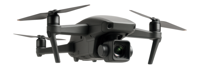 Close-up view of a modern quadcopter drone with a camera, featuring four rotors and a sleek design on transparent background.