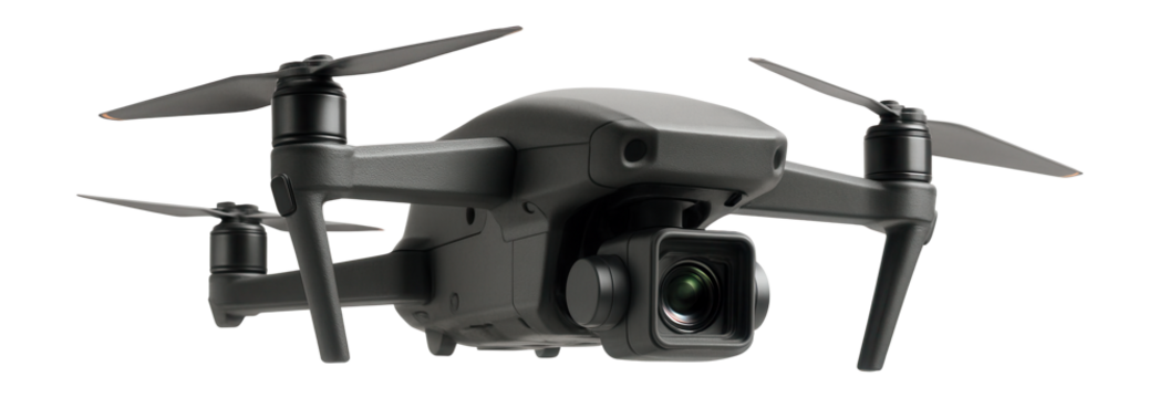 Close-up view of a modern quadcopter drone with a camera, featuring four rotors and a sleek design on transparent background. - Powered by Adobe