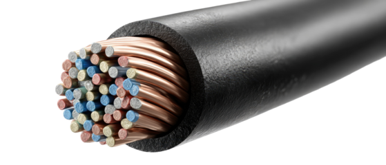 Close-up view of a multi-colored electrical cable's inner structure