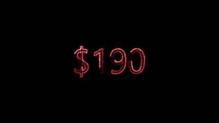 Glowing Neon 190 Dollars Text Icon Animation on Black Background | 4K Loop