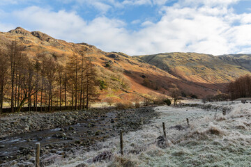 stonethwaite beck and stonethwaite fell borrowdale lake district cumbria on a frosty sunny winter...