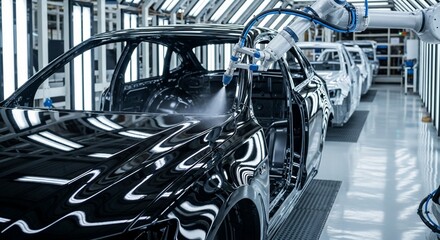 Robotic arm painting black car body in modern automotive factory