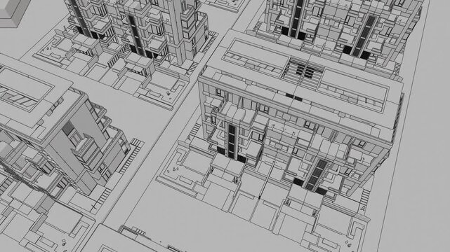 Animation of a Generic Apartment Building with solar panels on top, Seamless Looped Animation, 3D Linework rendering