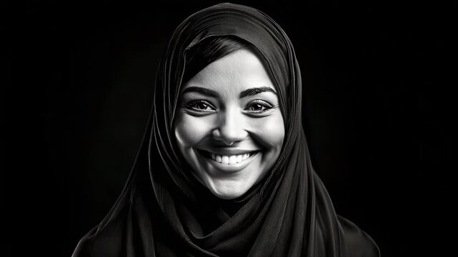 portrait arabic of an young muslim woman with headscarf smile on black background