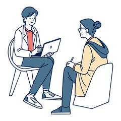 A therapist is counseling a patient with a laptop isolated on white background