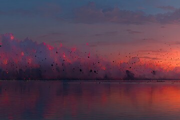 Fireworks display over water at sunset