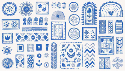 Collection of blue and white decorative folk art elements in various shapes and sizes arranged randomly silhouette