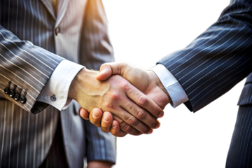 Two businessmen in suits shaking hands, symbolizing a successful agreement and partnership, isolated on transparent background