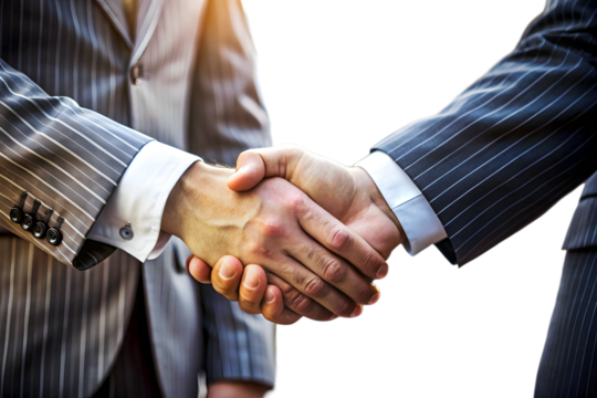 Two businessmen in suits shaking hands, symbolizing a successful agreement and partnership, isolated on transparent background