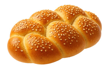 Fototapeta premium Freshly baked braided loaf topped with sesame seeds, showcasing a golden-brown crust and soft texture on transparent background.