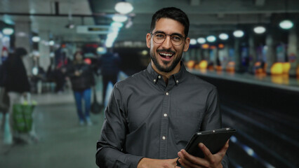 Young man using a tablet in a busy indoor train station, smiling, wearing glasses, with people in...