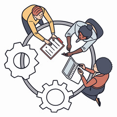 Collaborative teamwork meeting with gears isolated on white background