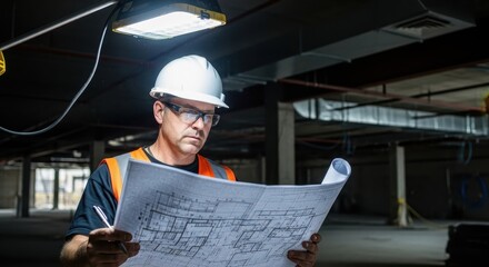 Construction manager inspecting building plans under industrial lighting in an unfinished structure