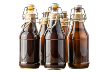 Group of dark amber glass beer bottles with swingtop closures, isolated on transparent background