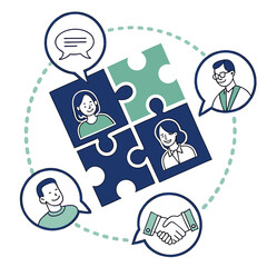 Teamwork and collaboration shown through puzzle pieces isolated on white background