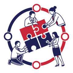 Teamwork illustration with people connecting puzzle pieces isolated on white background