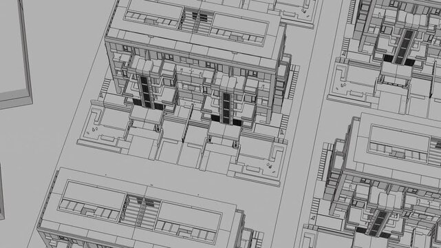 Animation of a Generic Apartment Building with solar panels on top, Seamless Looped Animation, 3D Linework rendering