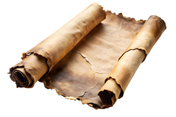 Ancient aged parchment scroll document isolated on transparent background