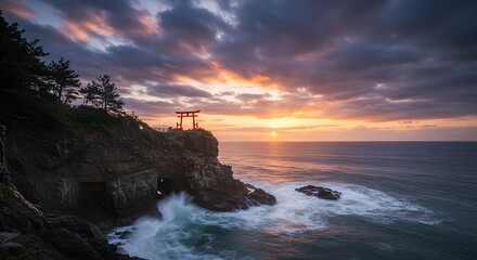 Sunrise Over Coastal Cliffs And Ocean Waves With A Red Gate, Anime Background