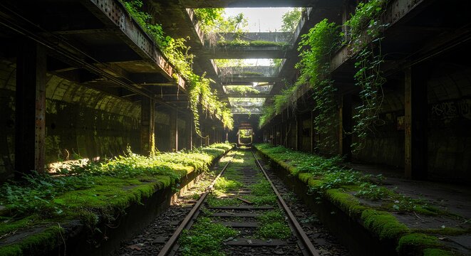 Overgrown Abandoned Railroad Station With Sunbeams, Anime Background - Powered by Adobe