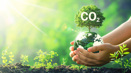 A digital illustration of hands cradling a transparent globe with a CO2 molecule symbol on top.
