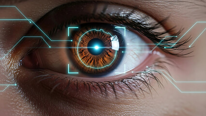 A close up of a brown eye with digital overlay and focus on the iris and surrounding skin texture detail